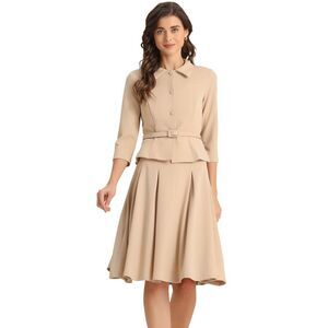 Business Skirt Suit Sets for 2 Piece Jacket Pleated Skirts Khaki